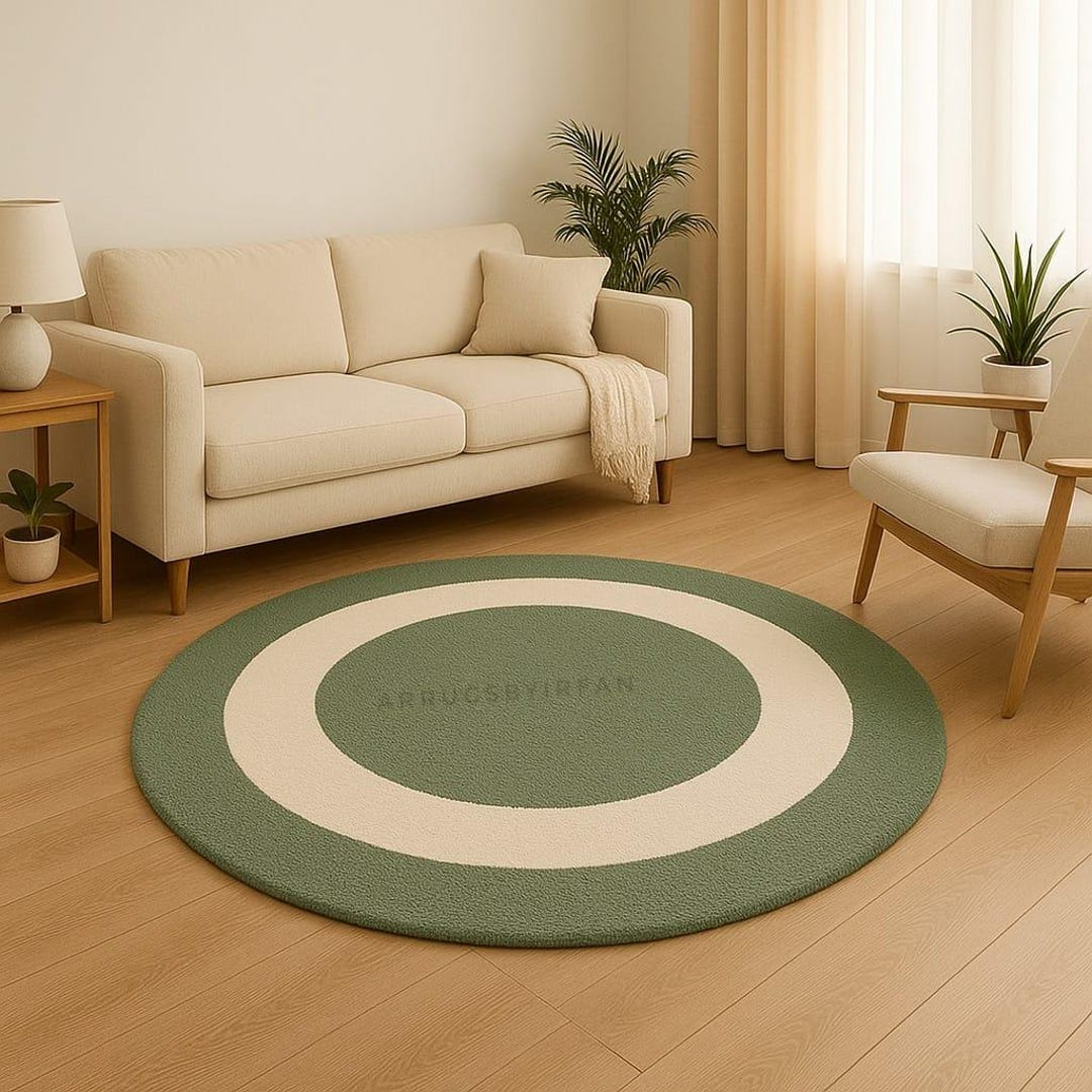 Hand-tufted Round Rug | Sage Green Ring, Minimalist Carpet - Etsy