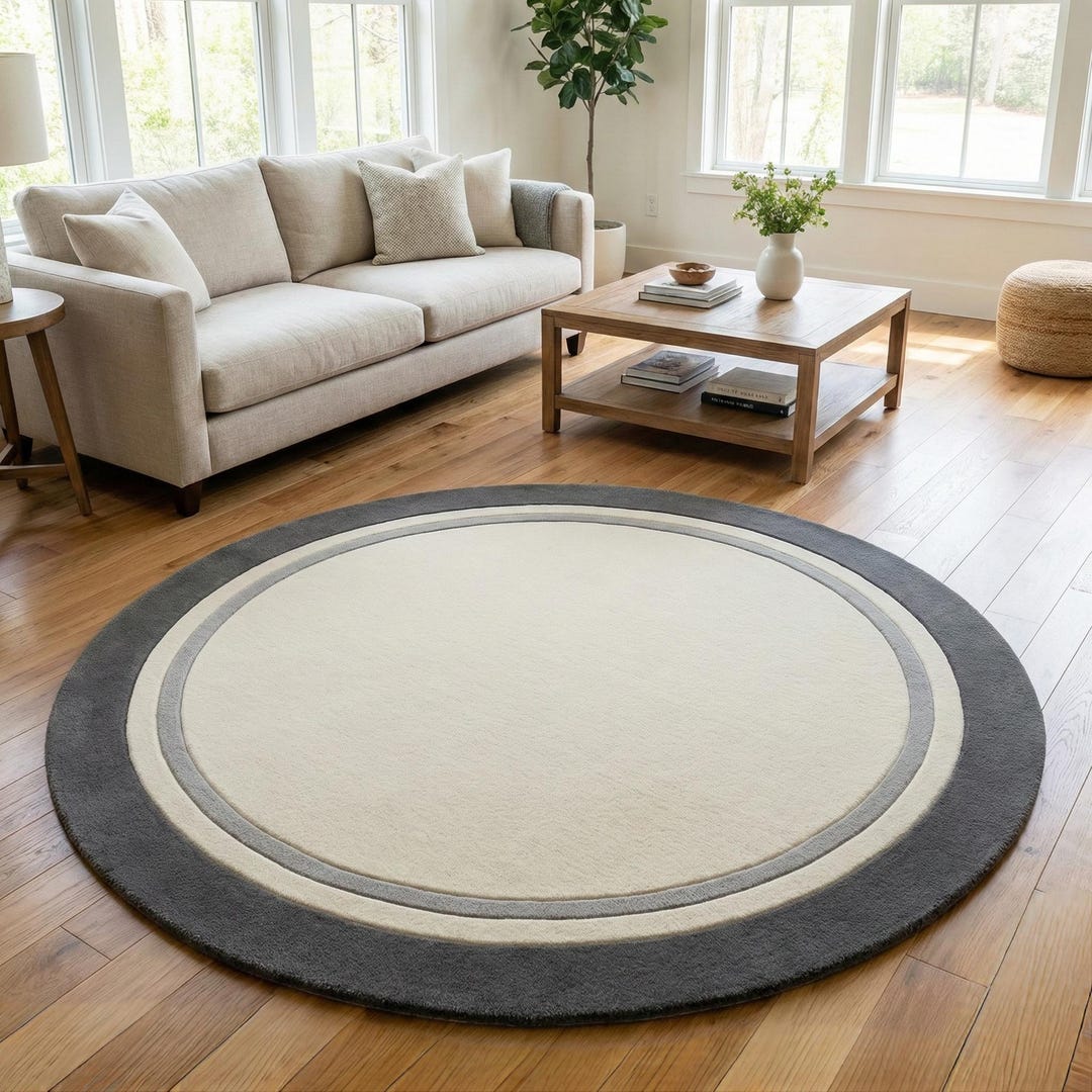 Textured Neutral Round Rug Hand Tufted Wool Rug Round Neutral Border Design, Cream and Grey Modern ...