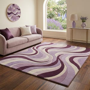 Tappeto in lana trapuntato a mano: tappeto moderno astratto a onde viola – lussuoso complemento d'arredo per il soggiorno.