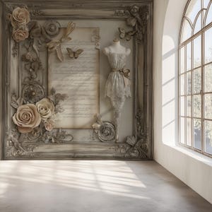 May include: A decorative wall art piece with a framed design, floral and butterfly accents. The frame surrounds a vintage-style paper with script, a mannequin in a lace dress, and decorative bows. The colour palette is neutral with beige and cream tones.