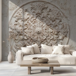 Ornate Plaster Medallion Mural, Cream Textured Floral Scrollwork Ceiling Decor (Removable)
