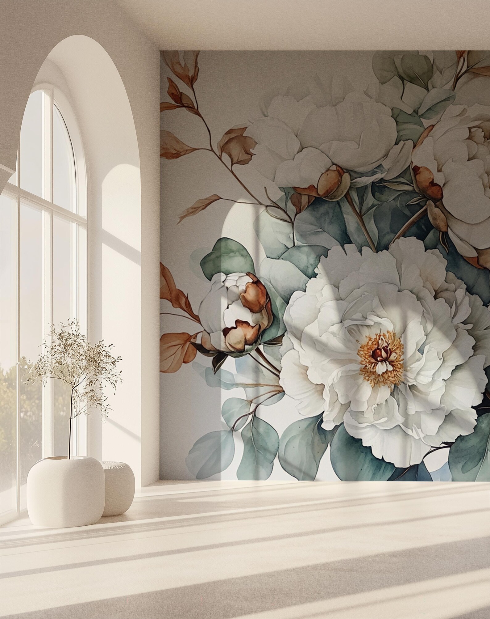 Custom Size Watercolor Peony Mural Wallpaper, White Floral Wall Art ...