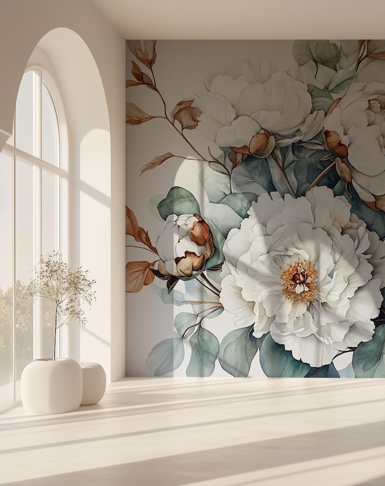 Custom Size Watercolor Peony Mural Wallpaper, White Floral Wall Art ...