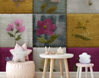 Hand Stitched Floral Quilt Wallpaper Textile Patchwork Wall Mural Vintage Custom
