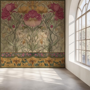 Puede incluir: Un gran mural de pared con un diseño floral en tonos rosa, amarillo y verde. La obra de arte muestra flores y follaje estilizados, con un borde decorativo en la parte inferior. El mural está en una habitación con una gran ventana arqueada.