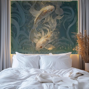 Duty Free, Tariff Free, Customs Free, Tropic Wallpaper, Japanese Koi Fish, Pink, Teal Mural, Oversized Large Mural, Textured Canvas Wall Art, Removable Peel and Stick, Non-woven Wall Decor, Self-adhesive, Non-pasted, Removable, Easy to Apply, DIY, ECOLOGO certified, Breathable material, Healthier Interiors, UV resistant, HP Latex certified ink, Non-toxic nontoxic non toxic, nursery mural, Safe for children kids, Water resistant, Chinoiserie Wallpaper