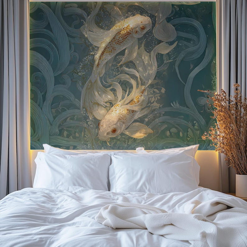 Duty Free, Tariff Free, Customs Free, Tropic Wallpaper, Japanese Koi Fish, Pink, Teal Mural, Oversized Large Mural, Textured Canvas Wall Art, Removable Peel and Stick, Non-woven Wall Decor, Self-adhesive, Non-pasted, Removable, Easy to Apply, DIY, ECOLOGO certified, Breathable material, Healthier Interiors, UV resistant, HP Latex certified ink, Non-toxic nontoxic non toxic, nursery mural, Safe for children kids, Water resistant, Chinoiserie Wallpaper