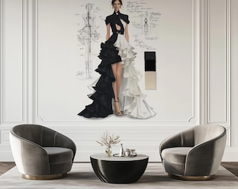 Elegant Black And White Fashion Wallpaper Mural, Custom Size Ruffled Asymmetric Couture Dress Illustration Modern Sketch Style Wall Decor