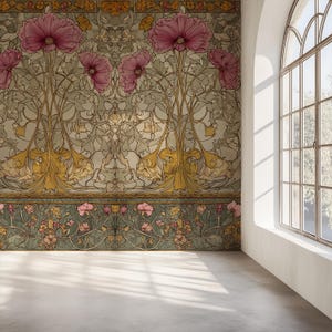 Custom Size Art Nouveau Floral Wallpaper Mural, Pink Teal Green, Botanical Vintage