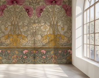 Mural de papel pintado floral Art Nouveau de tamaño personalizado, rosa, verde azulado, estilo botánico vintage.