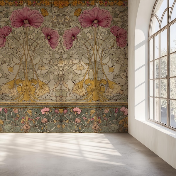 Custom Size Art Nouveau Floral Wallpaper Mural, Pink Teal Green, Botanical Vintage