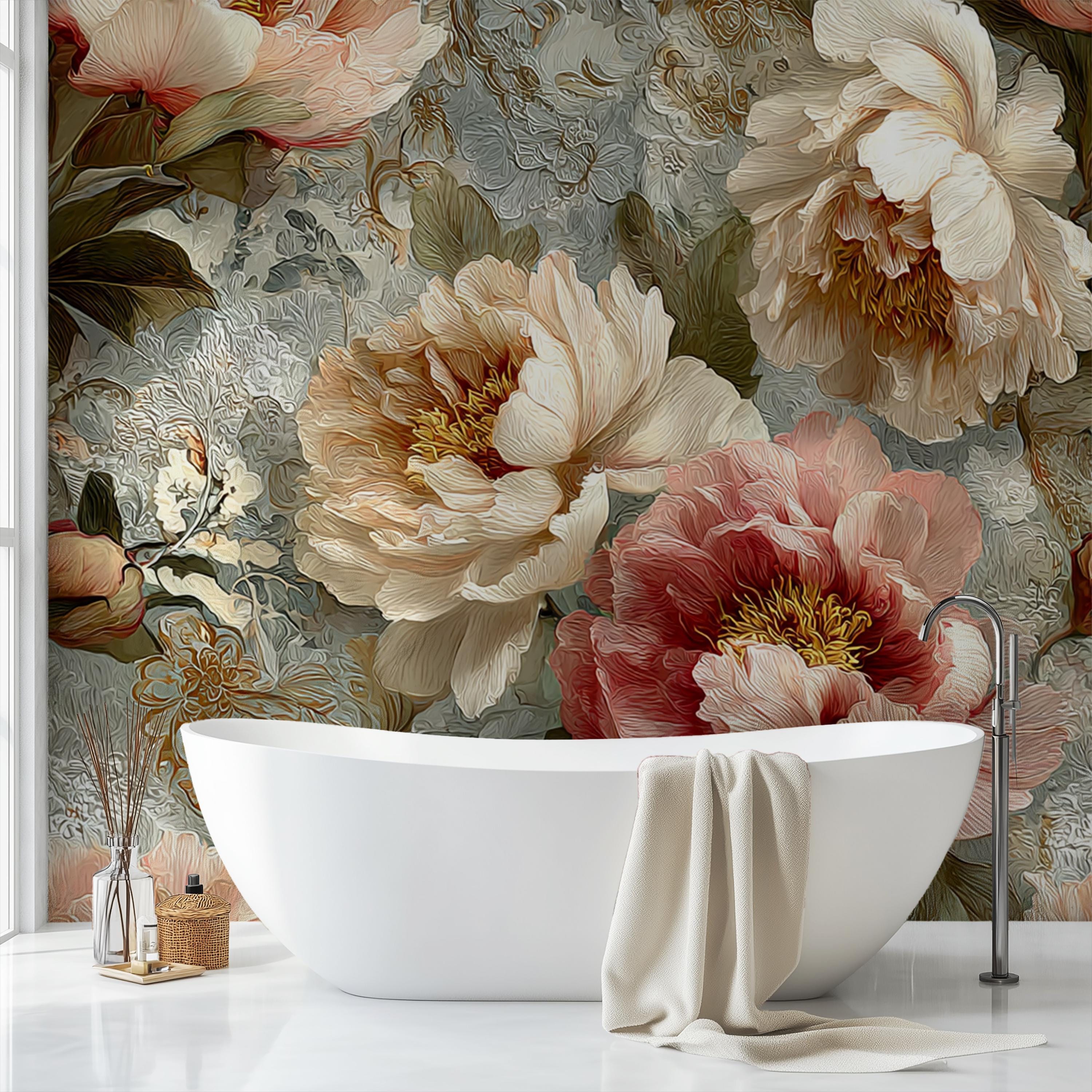 Custom Oversized Vintage Peony Floral Wallpaper, Cream Blush Olive ...