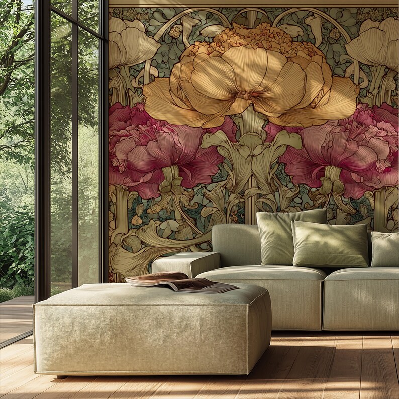 Custom Art Nouveau Floral Wall Mural, Victorian Botanical Wallpaper ...