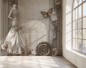 Victorian Ivory Dress Wallpaper Ornate Floral Frame Butterfly Antique Wall Mural