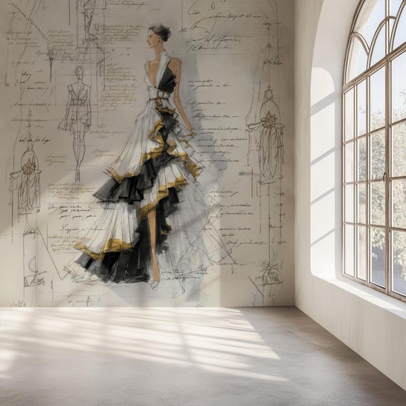 Elegant Fashion Sketch Wallpaper Mural, Black White Gold Couture Dress Iillustration, Flowing ruffles and Handwritten Notes