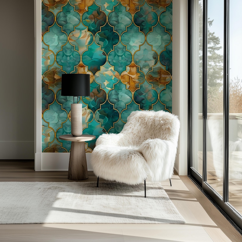 Teal Turquoise Gold Abstract Geometric Moroccan Wallpaper, Modern Decor ...