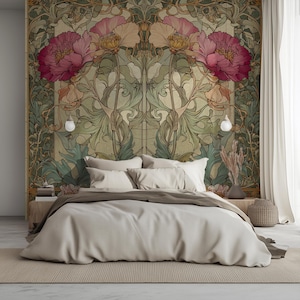 May include: A bedroom featuring a large floral mural in shades of pink, green, and beige. The bed is covered with a neutral-toned duvet and pillows. A woven basket and vase with dried plants are on the side table. A neutral rug covers the floor.