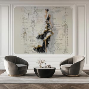 fashion illustration wallpaper mural, elegant couture dress sketch wall mural, black white gold layered gown drawing, flowing ruffle fabric lines, artistic figure sketch, handwritten script background, atelier style wall art decor, designer sketch aesthetic, luxury fashion mural, minimalist ink illustration, vintage inspired drawing, sophisticated textile design wallpaper, decorative mural art
