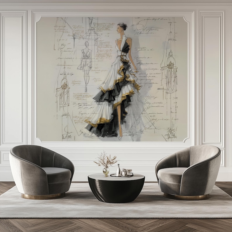 fashion illustration wallpaper mural, elegant couture dress sketch wall mural, black white gold layered gown drawing, flowing ruffle fabric lines, artistic figure sketch, handwritten script background, atelier style wall art decor, designer sketch aesthetic, luxury fashion mural, minimalist ink illustration, vintage inspired drawing, sophisticated textile design wallpaper, decorative mural art