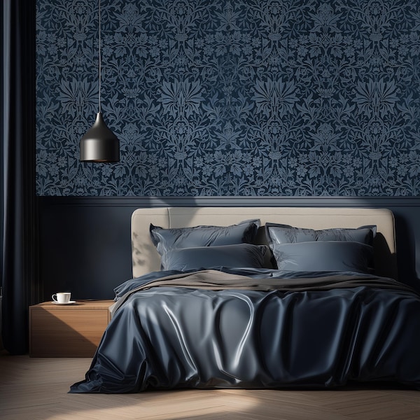 Dark Art Nouveau Botanical Vine Wallpaper, William Morris Style, Custom Size (Peel & Stick or Pasted)