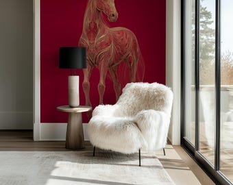 Art Deco Horse Wallpaper Mural, Burgundy & Gold Line Art