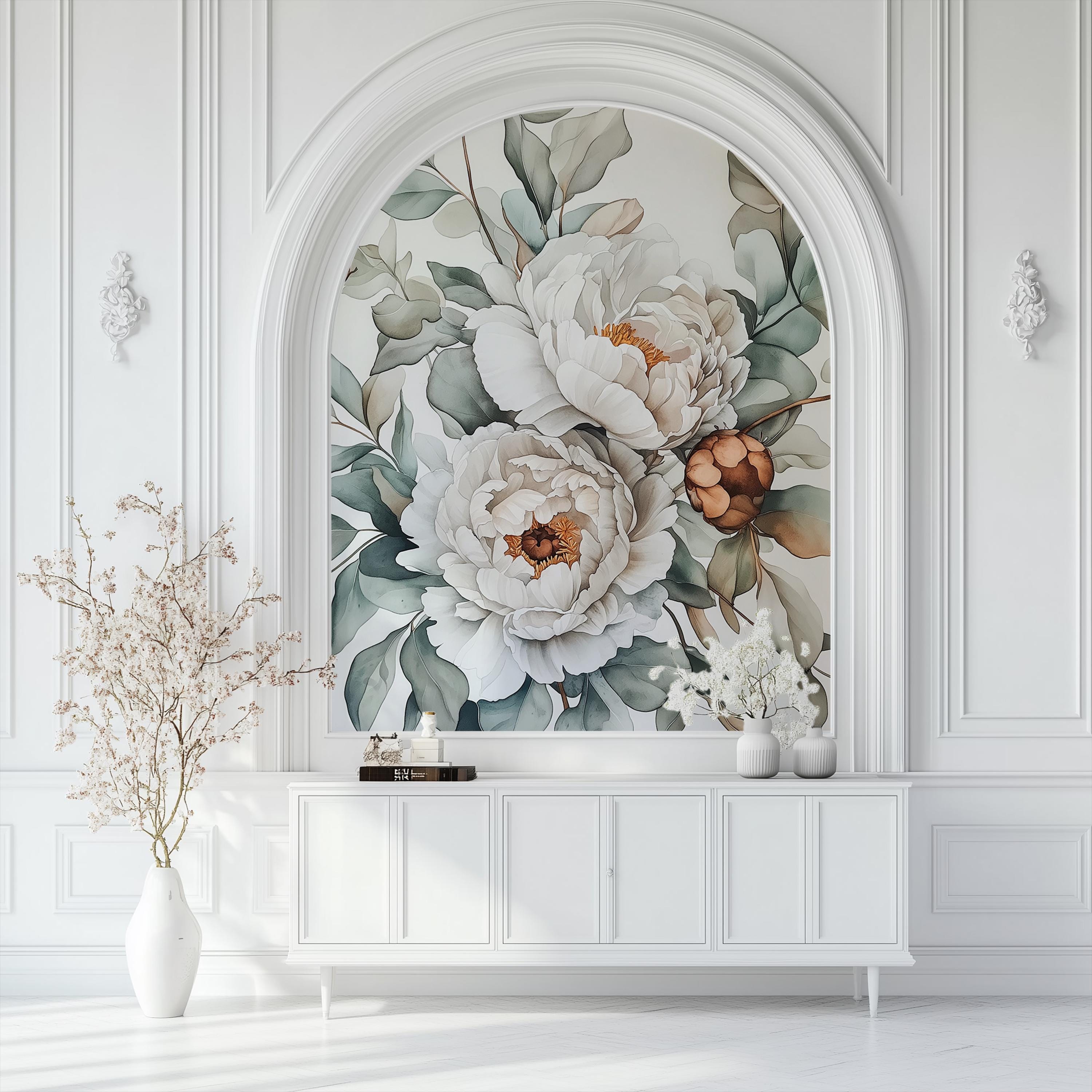 Custom Size Watercolor Peony Mural Wallpaper, Oversized Botanical ...