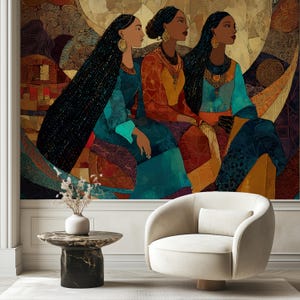 May include: A large wall art piece depicting three women in colorful attire. The women are adorned with gold jewelry and have long, dark hair. The artwork has a warm color palette with shades of teal, orange, and brown, creating a rich and inviting aesthetic.