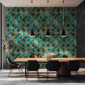 May include: A dining room featuring a large wooden table with black chairs. Above the table, three black pendant lights hang. The wall is decorated with a teal and gold patterned wallpaper, creating a luxurious and stylish atmosphere.