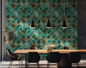 Emerald Teal Moroccan Gold Lattice Watercolor Quatrefoil Seamless Tile Wallpaper