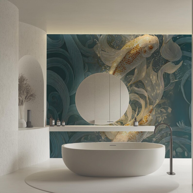 Duty Free, Tariff Free, Customs Free, Tropic Wallpaper, Japanese Koi Fish, Pink, Teal Mural, Oversized Large Mural, Textured Canvas Wall Art, Removable Peel and Stick, Non-woven Wall Decor, Self-adhesive, Non-pasted, Removable, Easy to Apply, DIY, ECOLOGO certified, Breathable material, Healthier Interiors, UV resistant, HP Latex certified ink, Non-toxic nontoxic non toxic, nursery mural, Safe for children kids, Water resistant, Chinoiserie Wallpaper