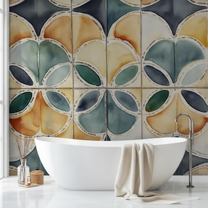 Puede incluir: Un baño moderno con una bañera blanca de forma ovalada. La pared detrás de la bañera presenta un patrón de azulejos con diseños de estilo acuarela en tonos azules, verdes y amarillos. Una toalla cuelga sobre el borde de la bañera.