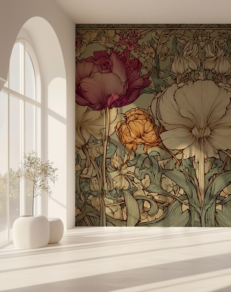 Art Nouveau Floral Wallpaper Mural, Victorian Botanical Teal and Pink ...