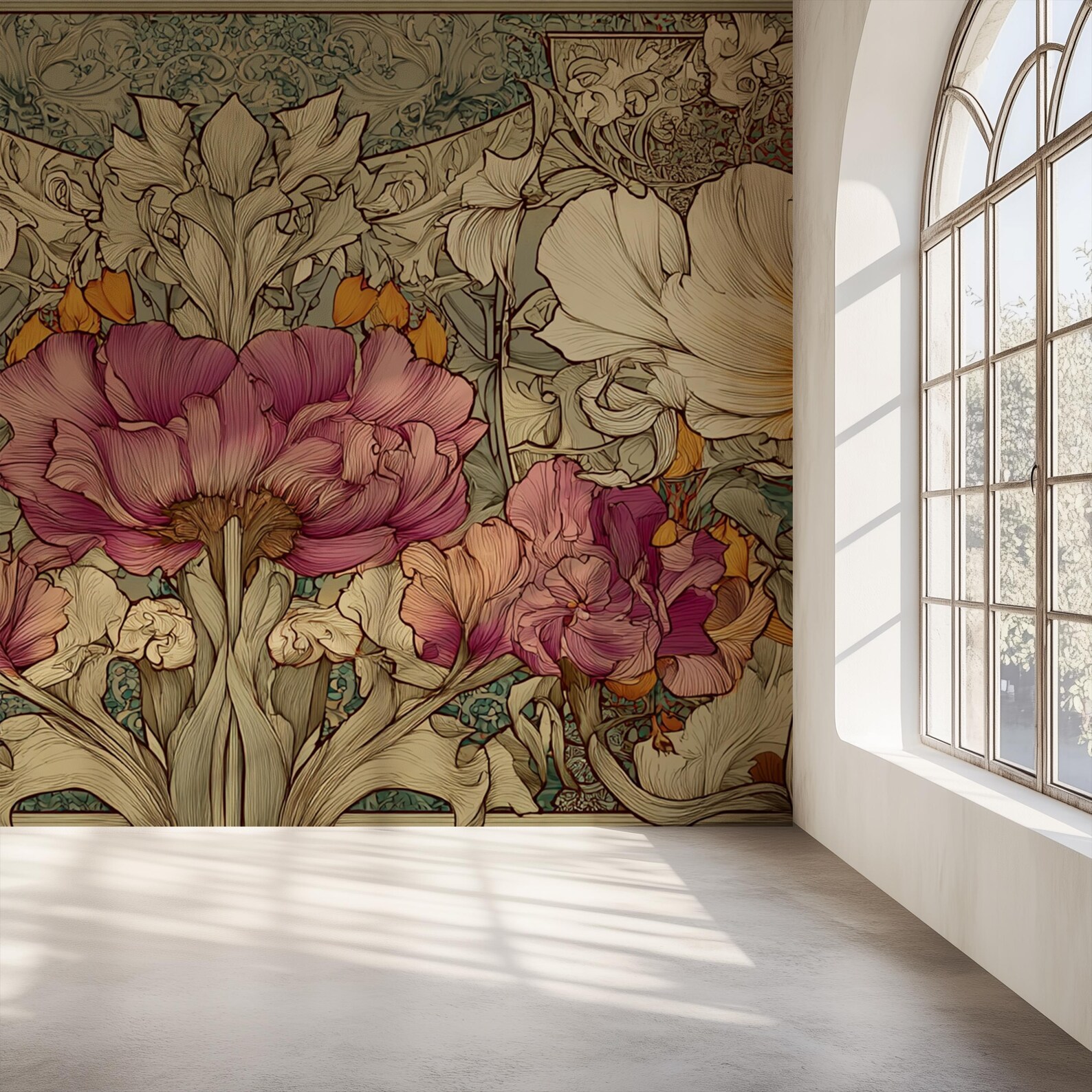 Custom Size Art Nouveau Floral Mural: Cream Lilies, Pink Peonies, Peel ...