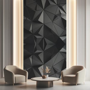 Futuristic 3D geometric wall mural with metallic diamond and triangle reliefs forming a repeating pattern in grey and steel tones. Modern minimalist texture ideal for office or living room accent walls. Reflective lighting and dimensional depth create a sculptural aesthetic. Peel and stick self adhesive wall panel wallpaper for modern interiors, offering a sleek architectural look. Geometric Pattern, 3D Wall Panel, Metallic Surface, Diamond Shape, Triangle Texture, Futuristic Design, Modern