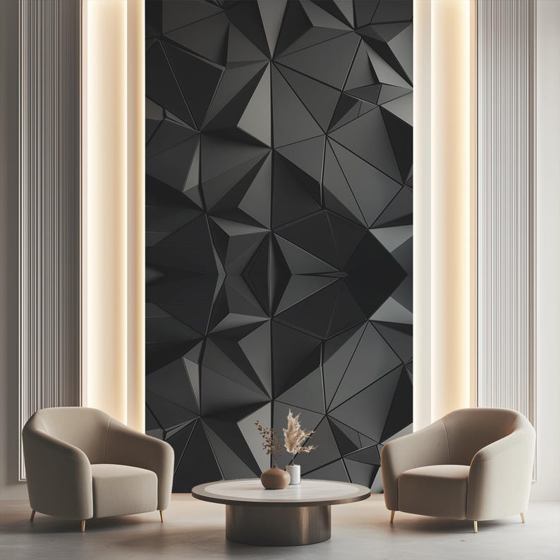 Futuristic 3D geometric wall mural with metallic diamond and triangle reliefs forming a repeating pattern in grey and steel tones. Modern minimalist texture ideal for office or living room accent walls. Reflective lighting and dimensional depth create a sculptural aesthetic. Peel and stick self adhesive wall panel wallpaper for modern interiors, offering a sleek architectural look. Geometric Pattern, 3D Wall Panel, Metallic Surface, Diamond Shape, Triangle Texture, Futuristic Design, Modern