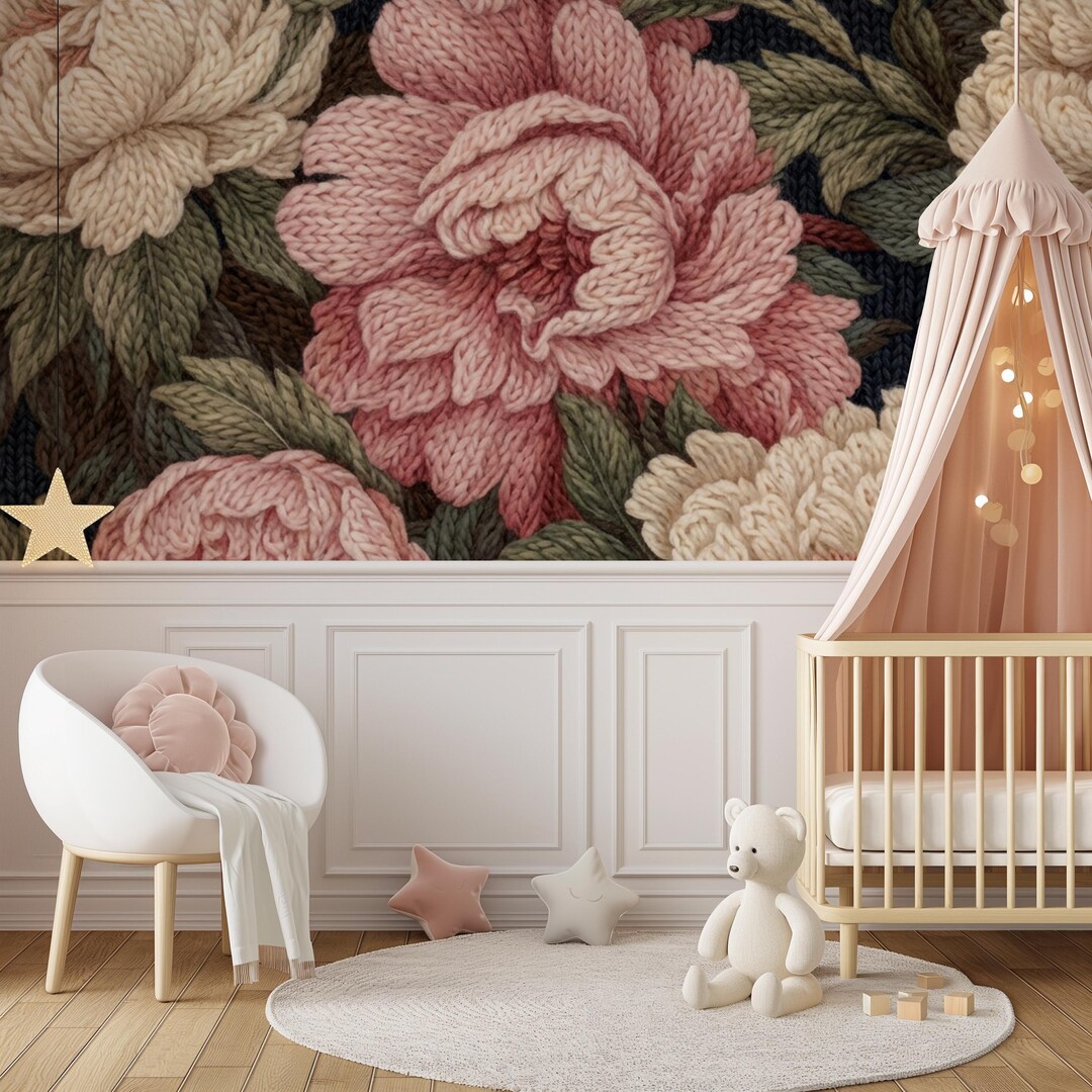 Knitted Peony Bloom Wallpaper Mural Vintage Pink Cream Floral Wall ...