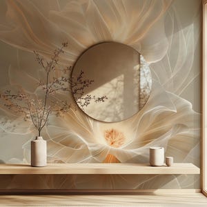 Puede incluir: Escena interior moderna con espejo redondo y estante de madera. La pared presenta un gran diseño floral abstracto en tonos beige y crema. Un jarrón con ramas y pequeños recipientes de cerámica se encuentran sobre el estante.