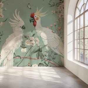 Cockatoo Bird Mural Wallpaper, Elegant Tropical Wallpaper, Living Room, Nursery, Green Wallpaper, White Parrots, Floral Wallpaper, Removable