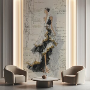 fashion illustration wallpaper mural, elegant couture dress sketch wall mural, black white gold layered gown drawing, flowing ruffle fabric lines, artistic figure sketch, handwritten script background, atelier style wall art decor, designer sketch aesthetic, luxury fashion mural, minimalist ink illustration, vintage inspired drawing, sophisticated textile design wallpaper, decorative mural art
