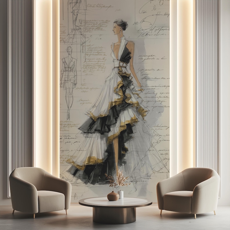 fashion illustration wallpaper mural, elegant couture dress sketch wall mural, black white gold layered gown drawing, flowing ruffle fabric lines, artistic figure sketch, handwritten script background, atelier style wall art decor, designer sketch aesthetic, luxury fashion mural, minimalist ink illustration, vintage inspired drawing, sophisticated textile design wallpaper, decorative mural art