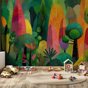 Colorful Textured Fantasy Forest Wall Mural, Lush Green Hills, Vibrant Orange Whimsical Pink Nursery Wallpaper, Pasted or Peel & Stick, DYI