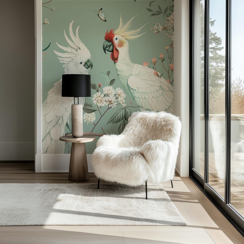 Custom Cockatoo Bird Jungle Wall Mural Tropical Wallpaper Floral