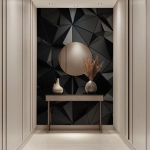 Futuristic 3D geometric wall mural with metallic diamond and triangle reliefs forming a repeating pattern in grey and steel tones. Modern minimalist texture ideal for office or living room accent walls. Reflective lighting and dimensional depth create a sculptural aesthetic. Peel and stick self adhesive wall panel wallpaper for modern interiors, offering a sleek architectural look. Geometric Pattern, 3D Wall Panel, Metallic Surface, Diamond Shape, Triangle Texture, Futuristic Design, Modern