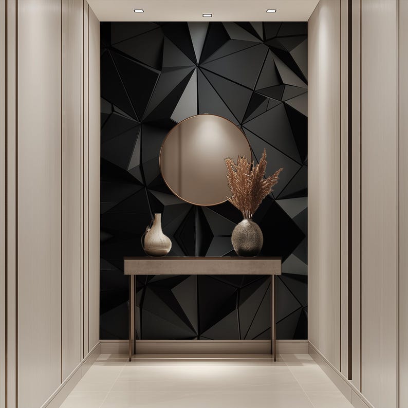Futuristic 3D geometric wall mural with metallic diamond and triangle reliefs forming a repeating pattern in grey and steel tones. Modern minimalist texture ideal for office or living room accent walls. Reflective lighting and dimensional depth create a sculptural aesthetic. Peel and stick self adhesive wall panel wallpaper for modern interiors, offering a sleek architectural look. Geometric Pattern, 3D Wall Panel, Metallic Surface, Diamond Shape, Triangle Texture, Futuristic Design, Modern
