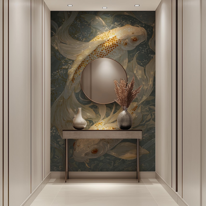 Duty Free, Tariff Free, Customs Free, Tropic Wallpaper, Japanese Koi Fish, Pink, Teal Mural, Oversized Large Mural, Textured Canvas Wall Art, Removable Peel and Stick, Non-woven Wall Decor, Self-adhesive, Non-pasted, Removable, Easy to Apply, DIY, ECOLOGO certified, Breathable material, Healthier Interiors, UV resistant, HP Latex certified ink, Non-toxic nontoxic non toxic, nursery mural, Safe for children kids, Water resistant, Chinoiserie Wallpaper