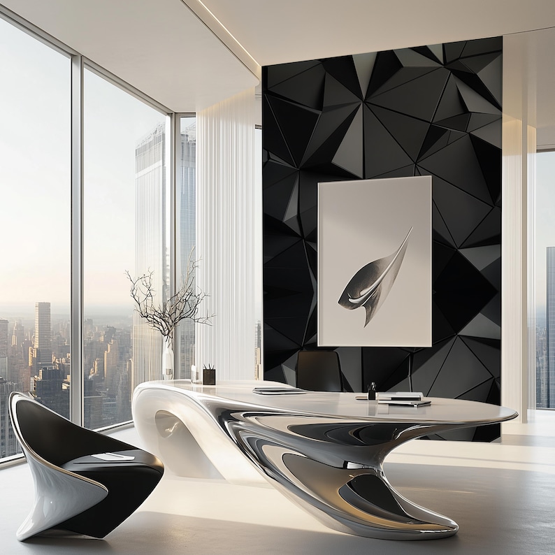 Futuristic 3D geometric wall mural with metallic diamond and triangle reliefs forming a repeating pattern in grey and steel tones. Modern minimalist texture ideal for office or living room accent walls. Reflective lighting and dimensional depth create a sculptural aesthetic. Peel and stick self adhesive wall panel wallpaper for modern interiors, offering a sleek architectural look. Geometric Pattern, 3D Wall Panel, Metallic Surface, Diamond Shape, Triangle Texture, Futuristic Design, Modern