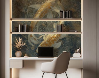 Golden Koi Fish Wallpaper Mural, Japanese Asian Art, Custom Size, Peel and Stick
