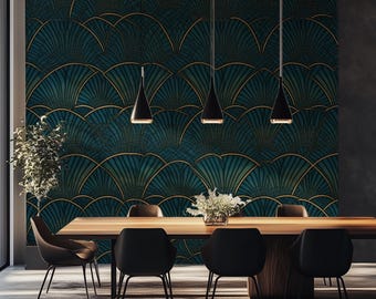 Emerald Teal Gold Art Deco Art Nouveau Fan Dark Wallpaper for Elegant Modern Decor, Custom Size, Removable, Self Adhesive