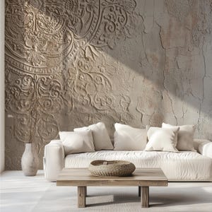 Aged Decorative Custom Size Wallpaper, Vintage Distressed Plaster Mandala Wall Mural Beige Taupe Cracked Texture Ornate Relief Pattern