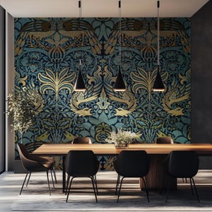 Custom Size William Morris Peacock Dragon, Victorian Majestic Birds, Fabric Texture Mural, Oversized, Removable, Peel & Stick